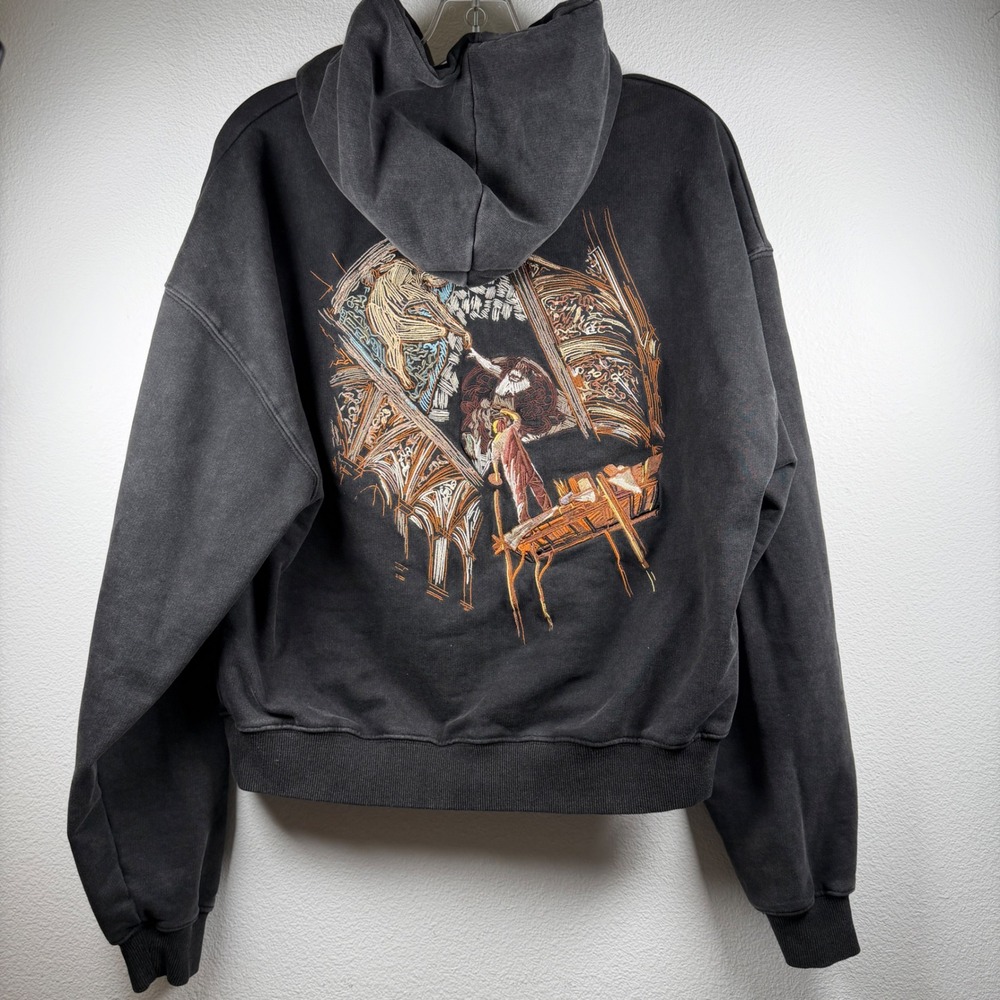 Vescartes Washed Black Embroidered Graphic Hoodie Mens Small Streetwear Cotton